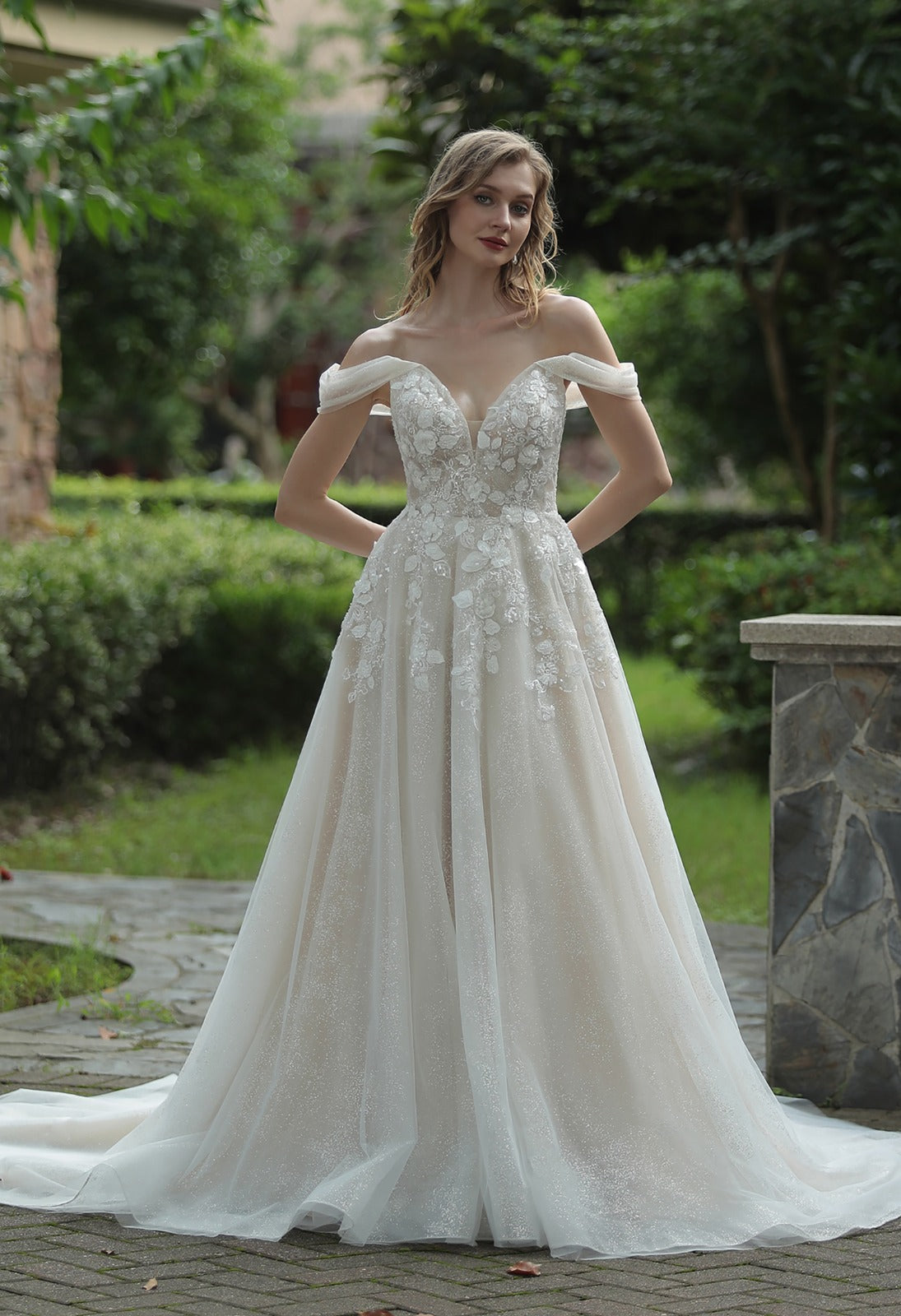 Off the shoulder store a line wedding dress