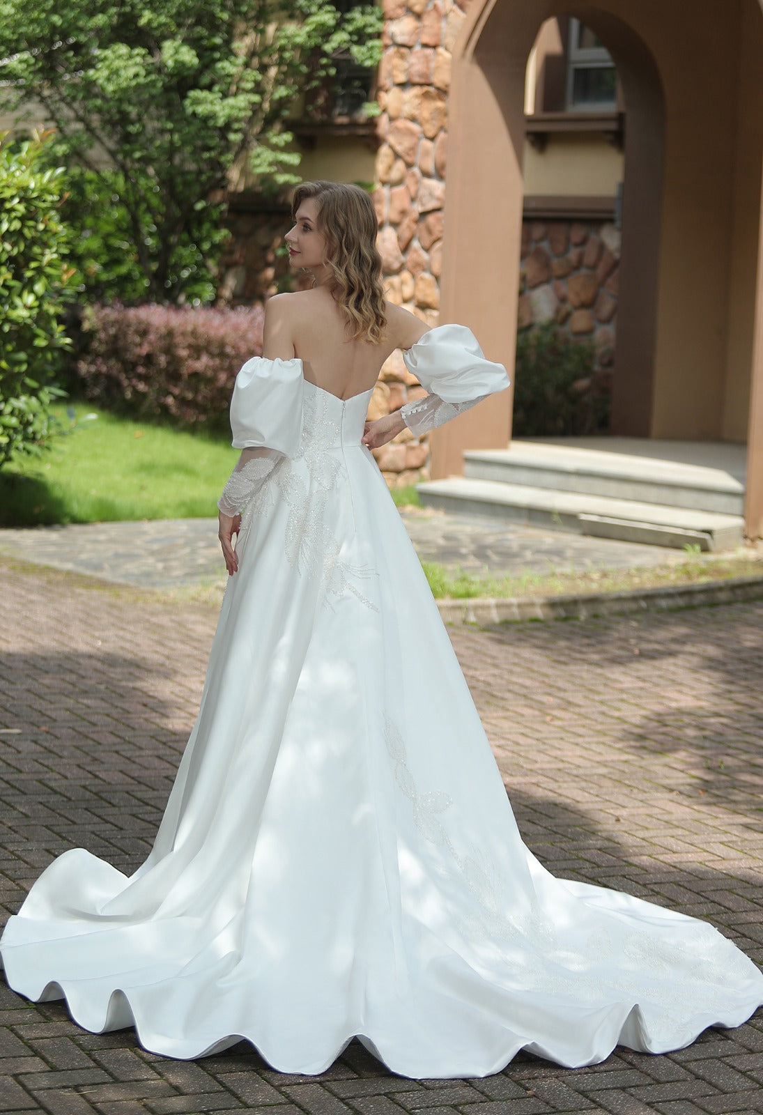 Alexandra 3056: Silky Satin Ball Gown with Lace Appliques and Detachable Pouf Sleeves