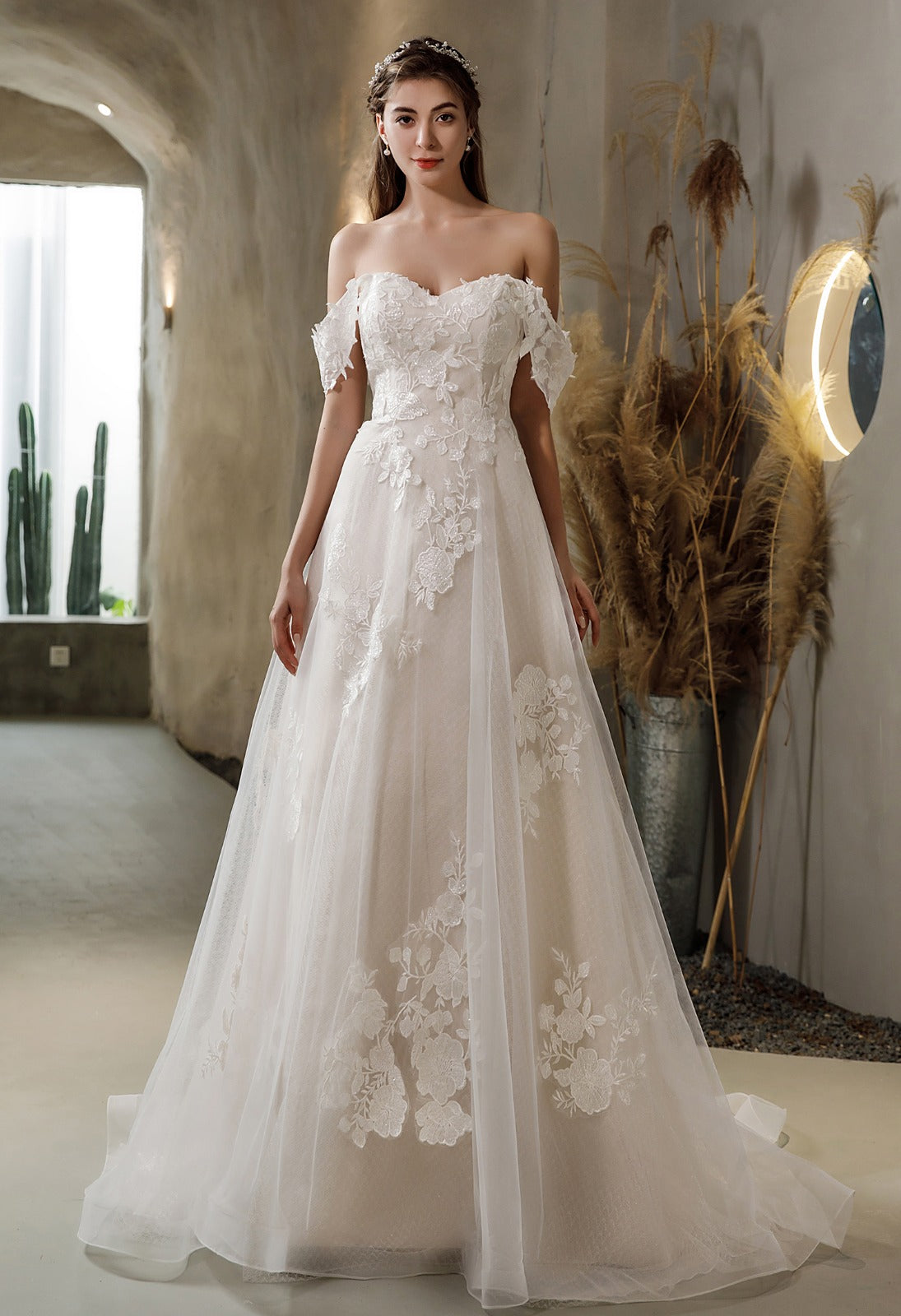 Annalise 2520 Floral Lace A Line Wedding Dress Off Shoulder