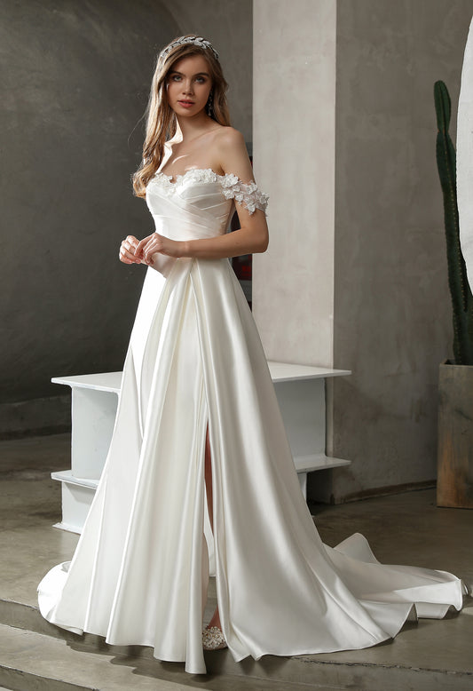 Aubrey 3007: Modern A-Line Satin Wedding Dress with 3D Flowers