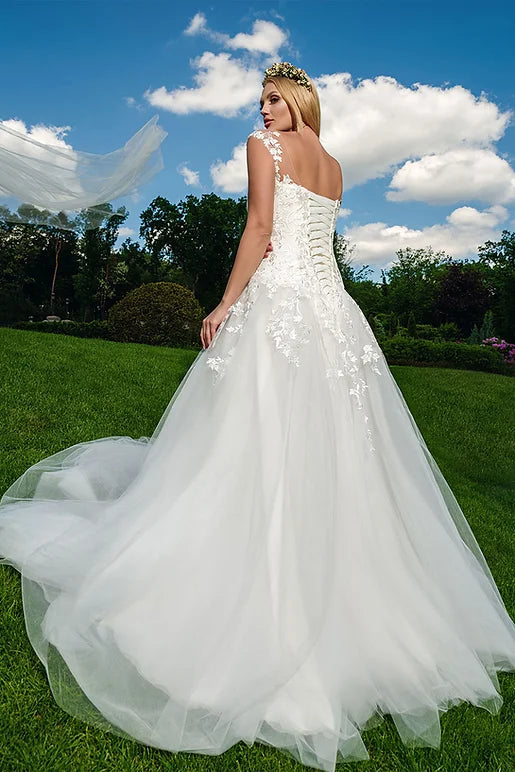 Belinda: A-Line Wedding Dress with Applique Lace and Corset Back
