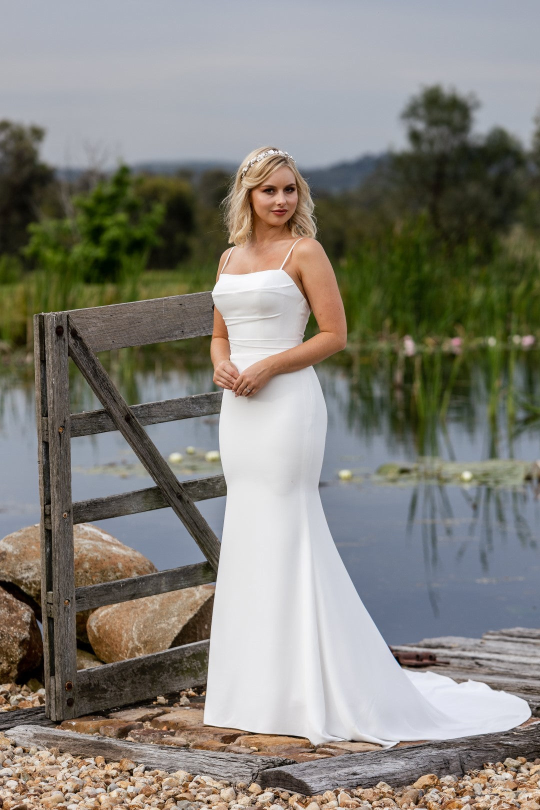 Voulez Vous by Jean Fox Showstopping Sheath Wedding Dress with Thin Straps and Delicate Bodice Pleating