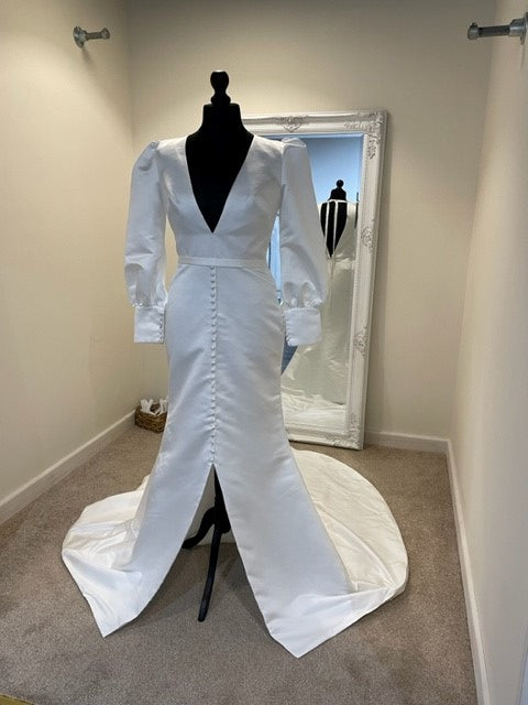 Camilla 1803 Satin Sheath Wedding Dress | Plunging Neckline & Bishop Sleeves