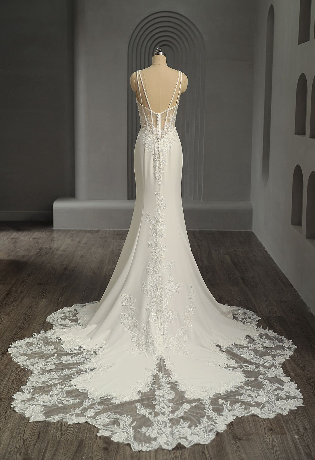 sheath crepe wedding dress with illusion lace train