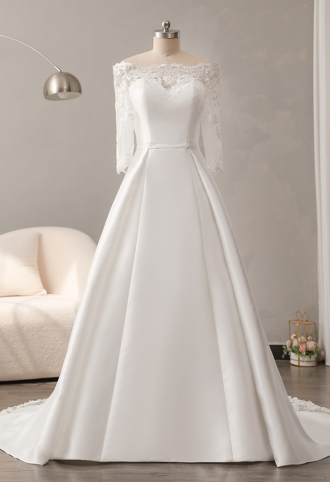 curvy wedding dress for plus size brides, mikado a-line with long lace sleeves