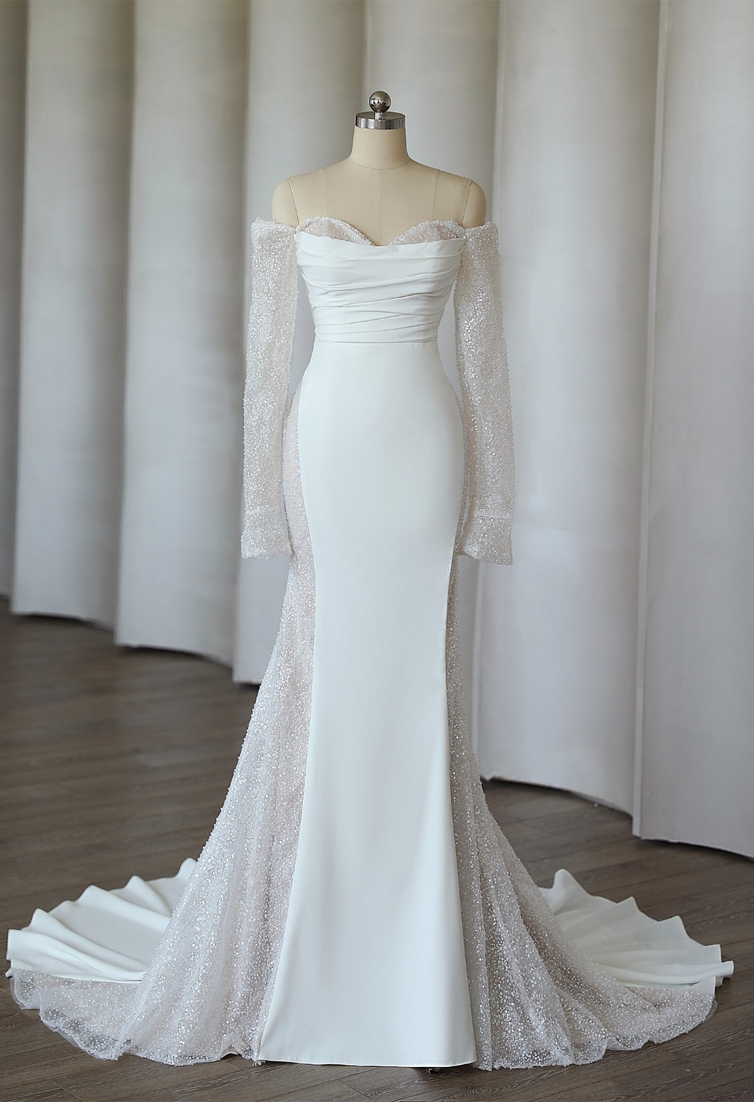 crepe wedding dress, sheath style with long sleeves and panels of beaded lace and sparkle